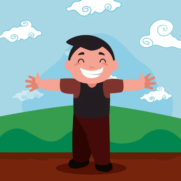 Smiling boy hands up outdoors — Stock Vector