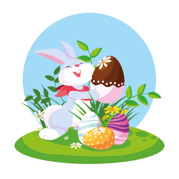 Милый кролик с пасхальными яйцами в саду — стоковый вектор