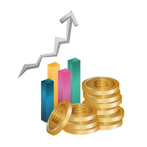 Barras estadísticas con bitcoin y flechas — Vector de stock