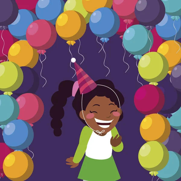 Bonito preto menina com aniversário balões hélio —  Vetores de Stock