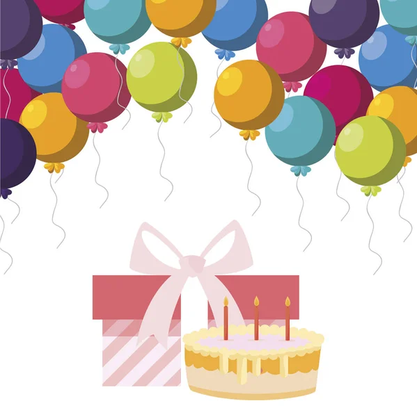Geschenk-Box mit Luftballons Helium und süßen Kuchen — Stockvektor