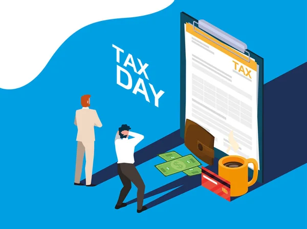 Businessmen in tax day with clipboard and icons — Stock Vector