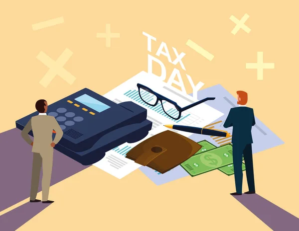 Businessmen in tax day with phone and icons — Stock Vector