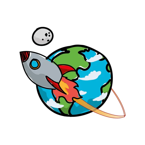 Planeta tierra con cohete y luna — Vector de stock
