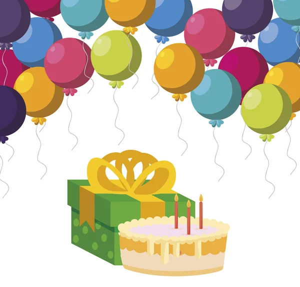 Caixa de presente presente com balões de hélio e bolo doce —  Vetores de Stock