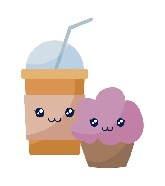 Heerlijke milkshake met cupcake kawaii karakter — Stockvector