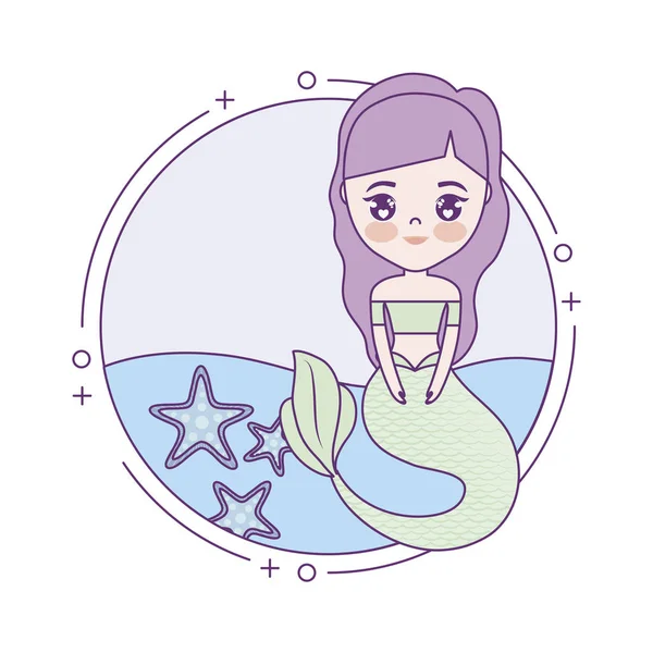 Cute mermaid with sea in frame circular — Stock Vector