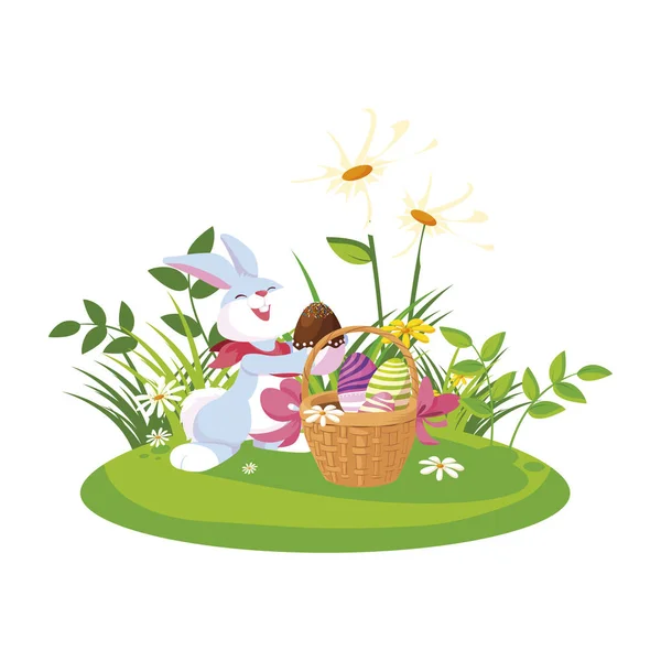 Cute rabbit easter with eggs painted in basket — Stock Vector