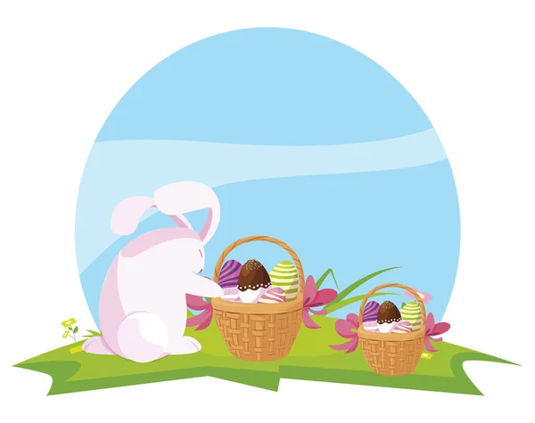 Niedlichen Hasen Ostern mit Eiern im Korb bemalt — Stockvektor