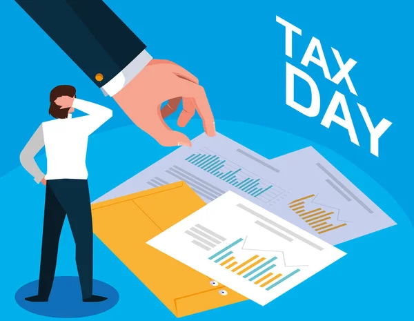 Businessman in tax day with statistic document and icons — Stock Vector
