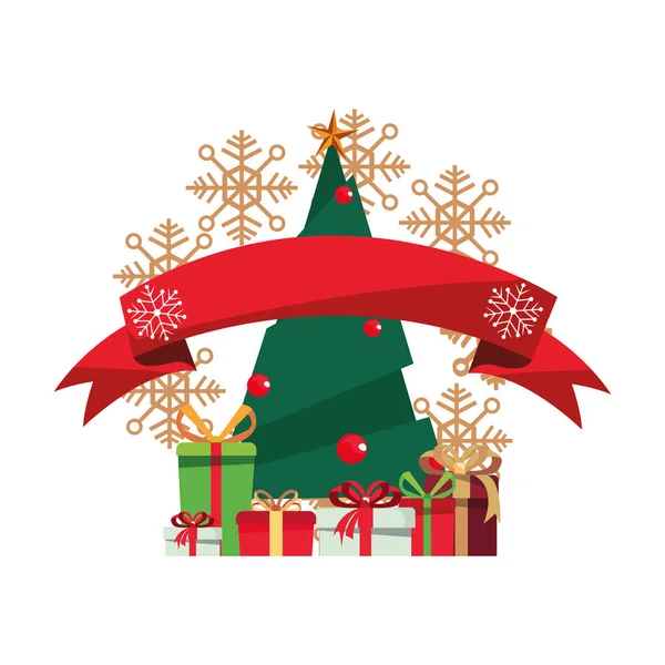 Regali albero di Natale fiocco di neve decorazione nastro — Vettoriale Stock
