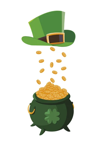 Saint patrick chaudron avec des pièces de trésor et chapeau d'elfe — Image vectorielle