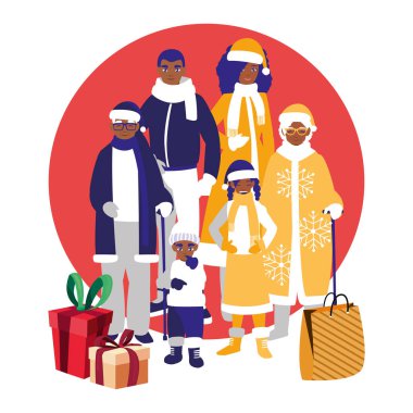 Aile kış giysileri ve Noel hediye kutusu