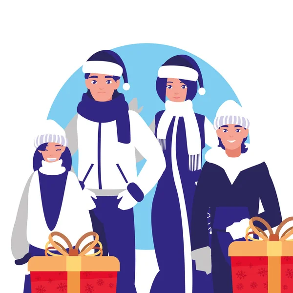 Familie mit Winterkleidung und Weihnachtsgeschenkbox — Stockvektor