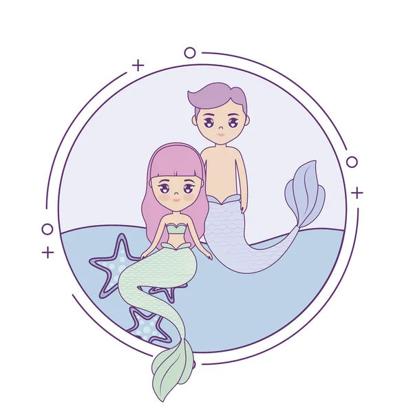 Aranyos pár mermaids a keret körkörös-tenger — Stock Vector