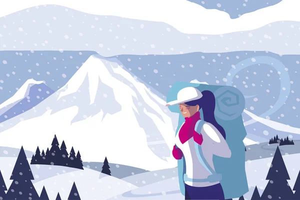 Mujer aventurera con bolsa de viaje en el paisaje de nieve — Vector de stock
