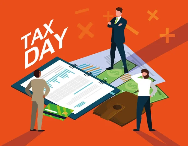 Businessmen in tax day with planner and icons — Stock Vector