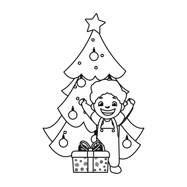 Festeggiando ragazzo con albero di Natale e regalo — Vettoriale Stock