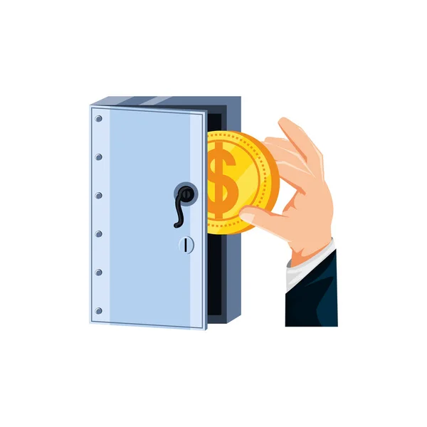 Mano con moneda y caja fuerte de seguridad — Vector de stock