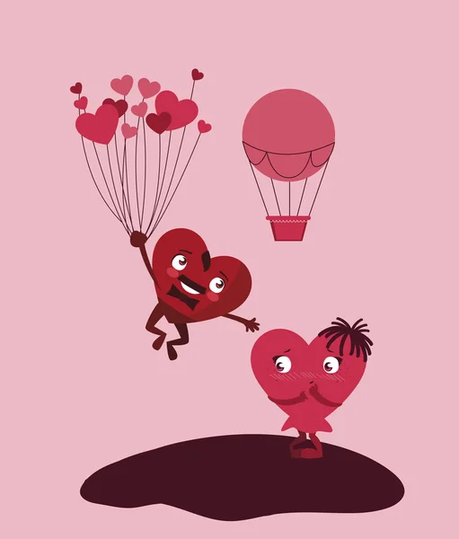 Couple hearts with balloons helium kawaii characters — Stock Vector