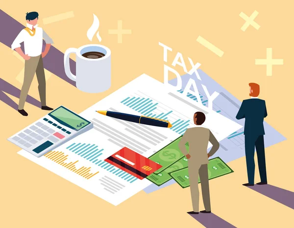 Businessmen in tax day with statistic document and icons — Stock Vector