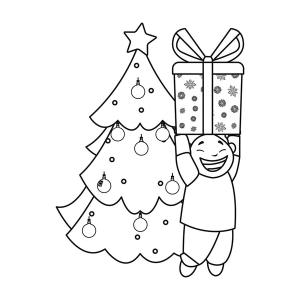 Junge feiert mit Weihnachtsbaum und Geschenk — Stockvektor