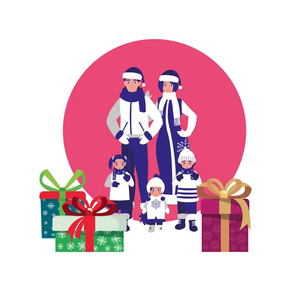 Семья с зимней одеждой и рождественским подарком — стоковый вектор