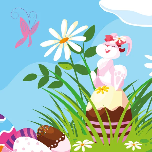 Милий жіночий кролик з яйцями Великодня в саду — стоковий вектор