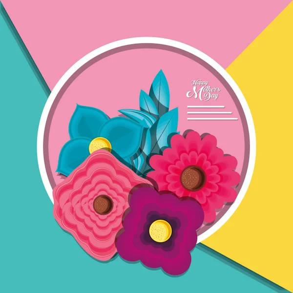 Щаслива листівка дня матері з квітами і рамкою кругової — стоковий вектор