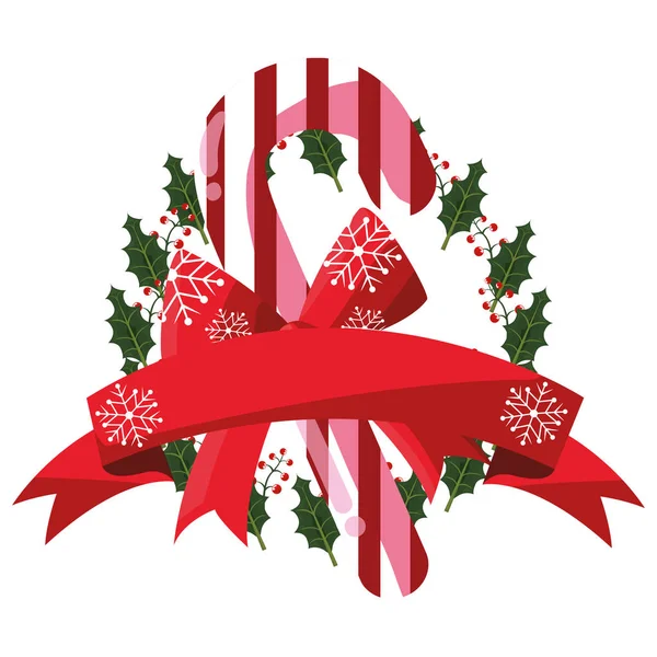 Navidad caramelo bastón corona hojas cinta — Vector de stock
