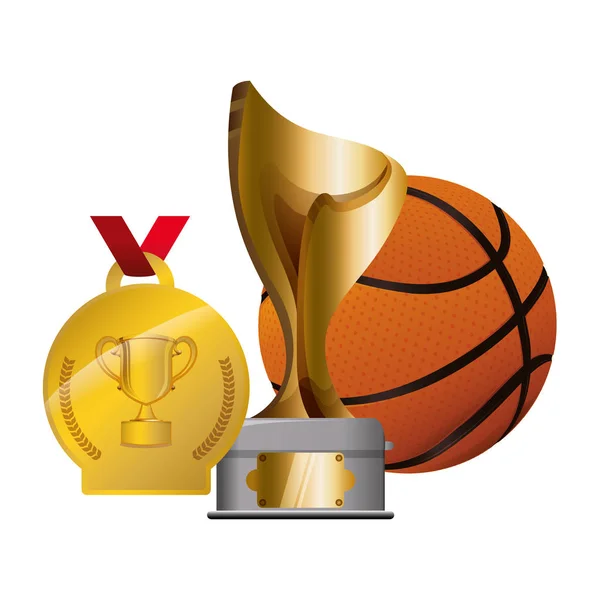 Copo de troféu e medalha com balão de basquete —  Vetores de Stock