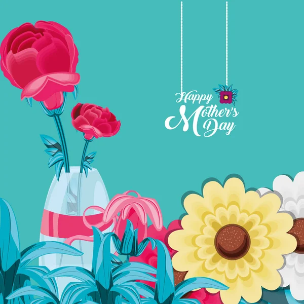 Glückliche Muttertagskarte mit Blumen in der Vase — Stockvektor