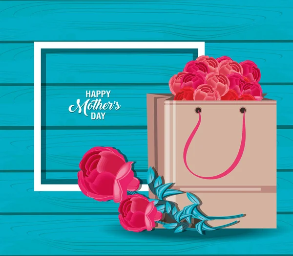 Glückliche Muttertagskarte mit Tüteneinkauf und Blumen — Stockvektor