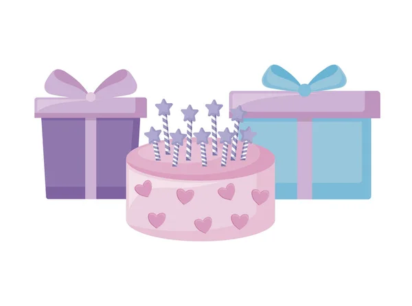 Pastel dulce con velas y cajas de regalos — Vector de stock
