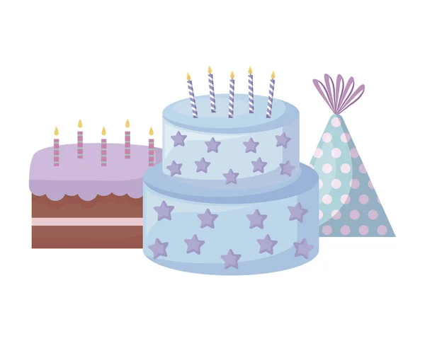 Zoete taarten met kaarsen en hoed partij — Stockvector
