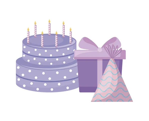 甜蛋糕与礼品盒和帽子党 — 图库矢量图片