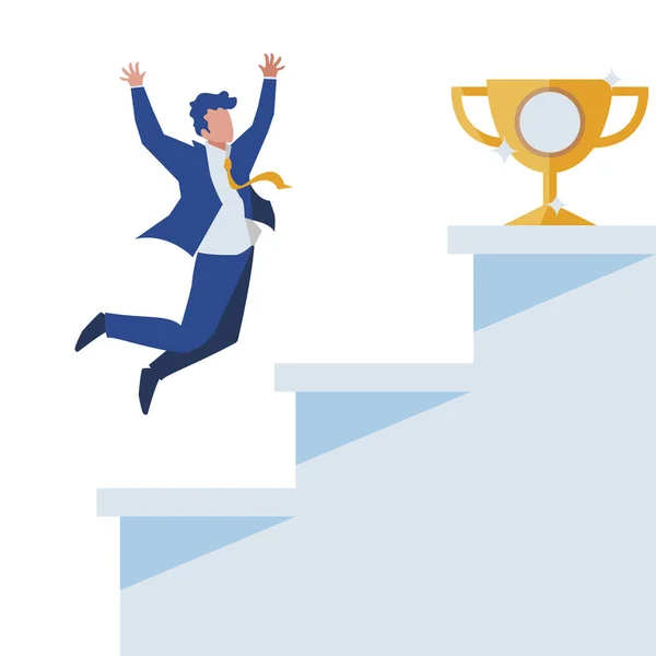 Elegante hombre de negocios celebrando con trofeo y escaleras — Vector de stock