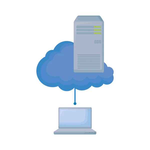 Computadora portátil con servidor de nube y torre — Archivo Imágenes Vectoriales