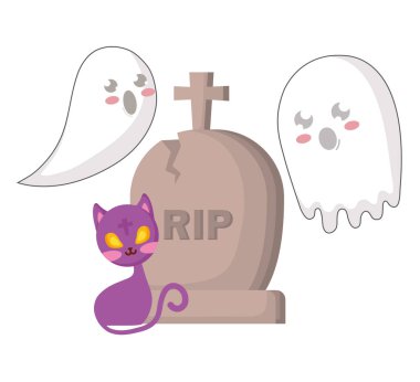 hayaletler ve kedi ile Halloween mezar taşı