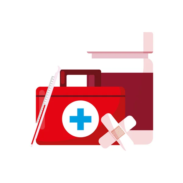 Kit médico con iconos de medicamentos — Vector de stock