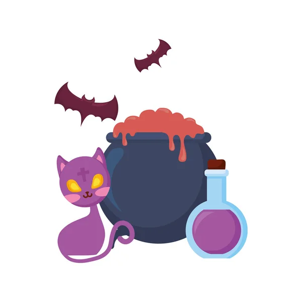 Happy halloween kittel med katt och fladdermöss — Stock vektor
