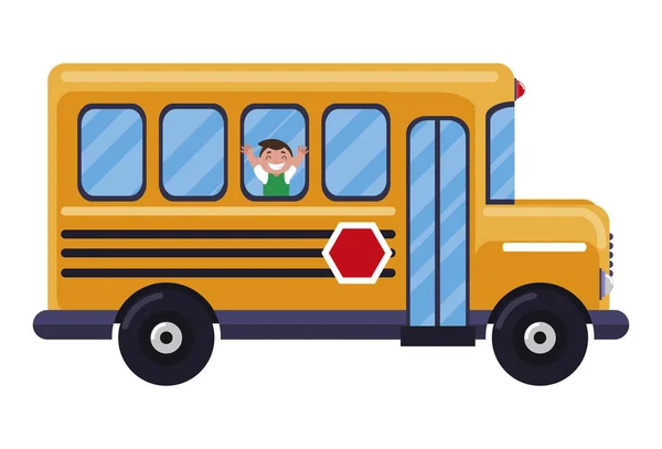 Liten skolpojke med skolväskan i bussen — Stock vektor