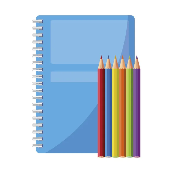 Carnet scolaire avec crayons de couleurs — Image vectorielle