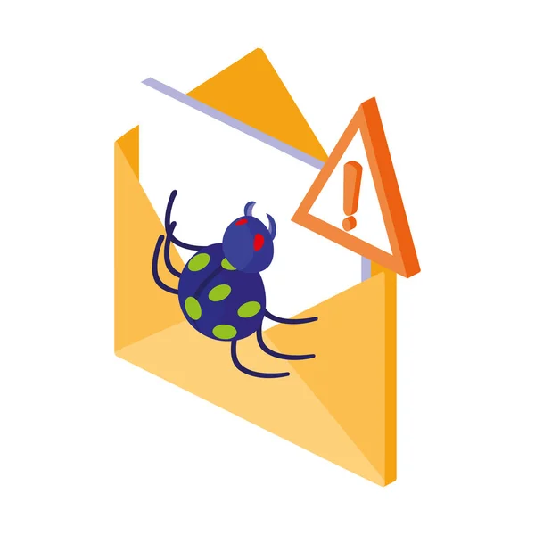 Envelope mail com bug e sinal de alerta —  Vetores de Stock