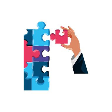 Bulmaca parçaları izole simge kümesi ile el