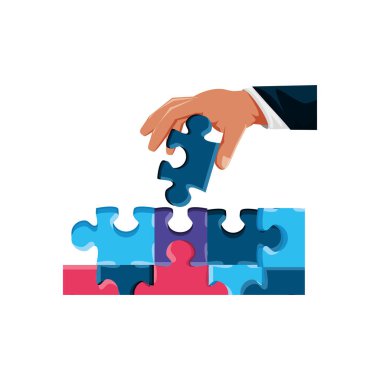 Bulmaca parçaları izole simge kümesi ile el