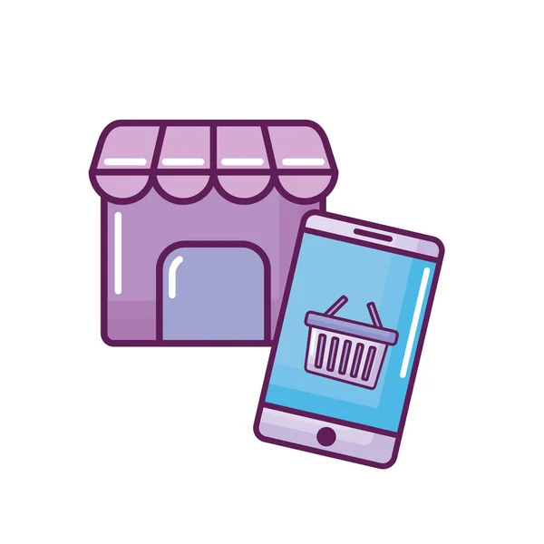 smartphone with store building and shopping basket
