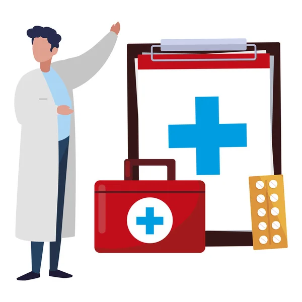 Médecin professionnel masculin avec des icônes médicales — Image vectorielle