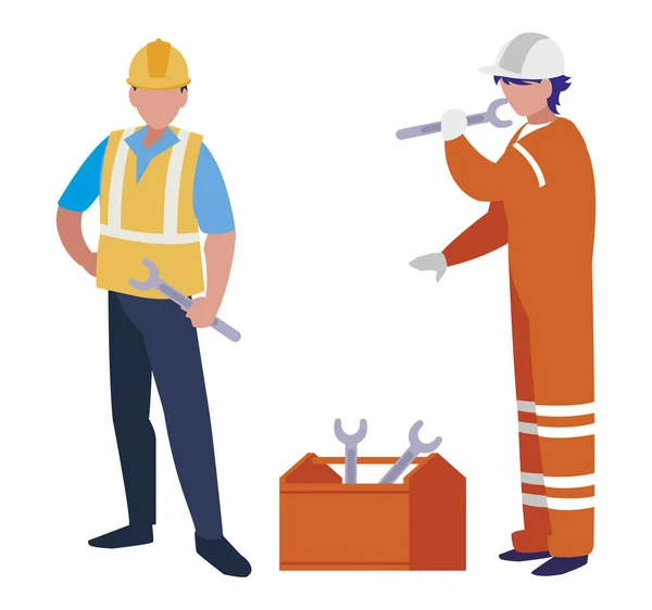 Paar Bauarbeiter arbeiten mit Werkzeugkiste — Stockvektor