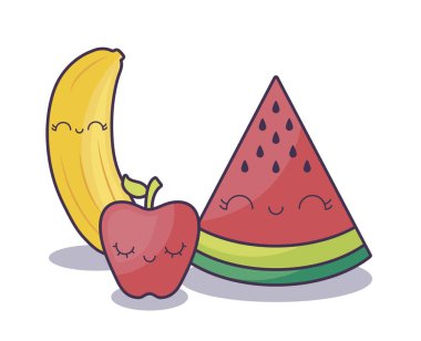 dilim karpuz muz ve elma kawaii karakteri ile